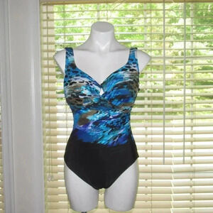 MIRACLESUIT Black Blue Gray Ruched One-Piece Swimsuit Size 14